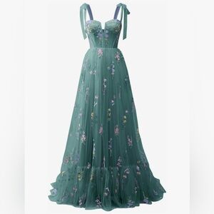 NWOT Teal Embroided Floral Tulle Maxi Prom Formal Dress S/M